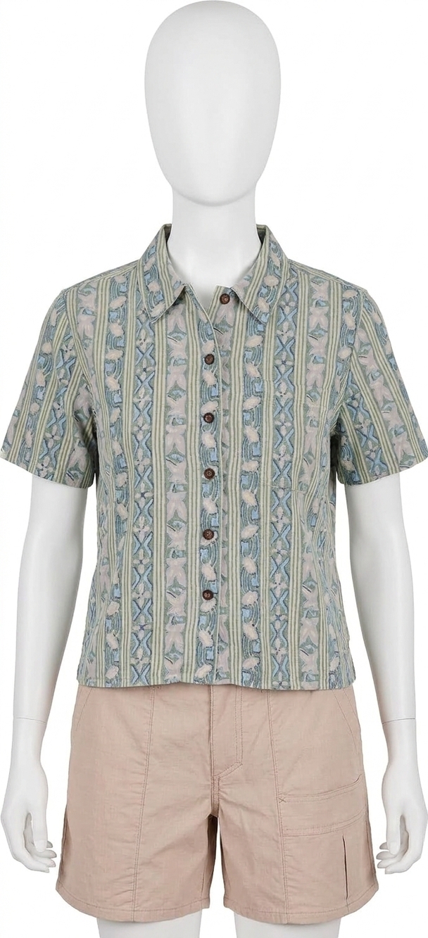NEW ROYAL ROBBINS camino pucker short sleeve top in sage leaf botanist print